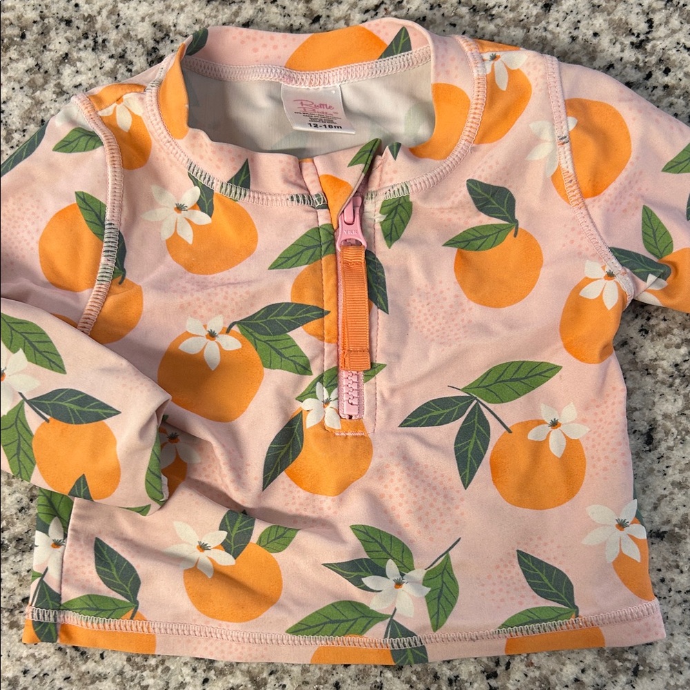 Ruffle Butts Orange Print Long Sleeve Swim Top Rashgaurd for toddler girls